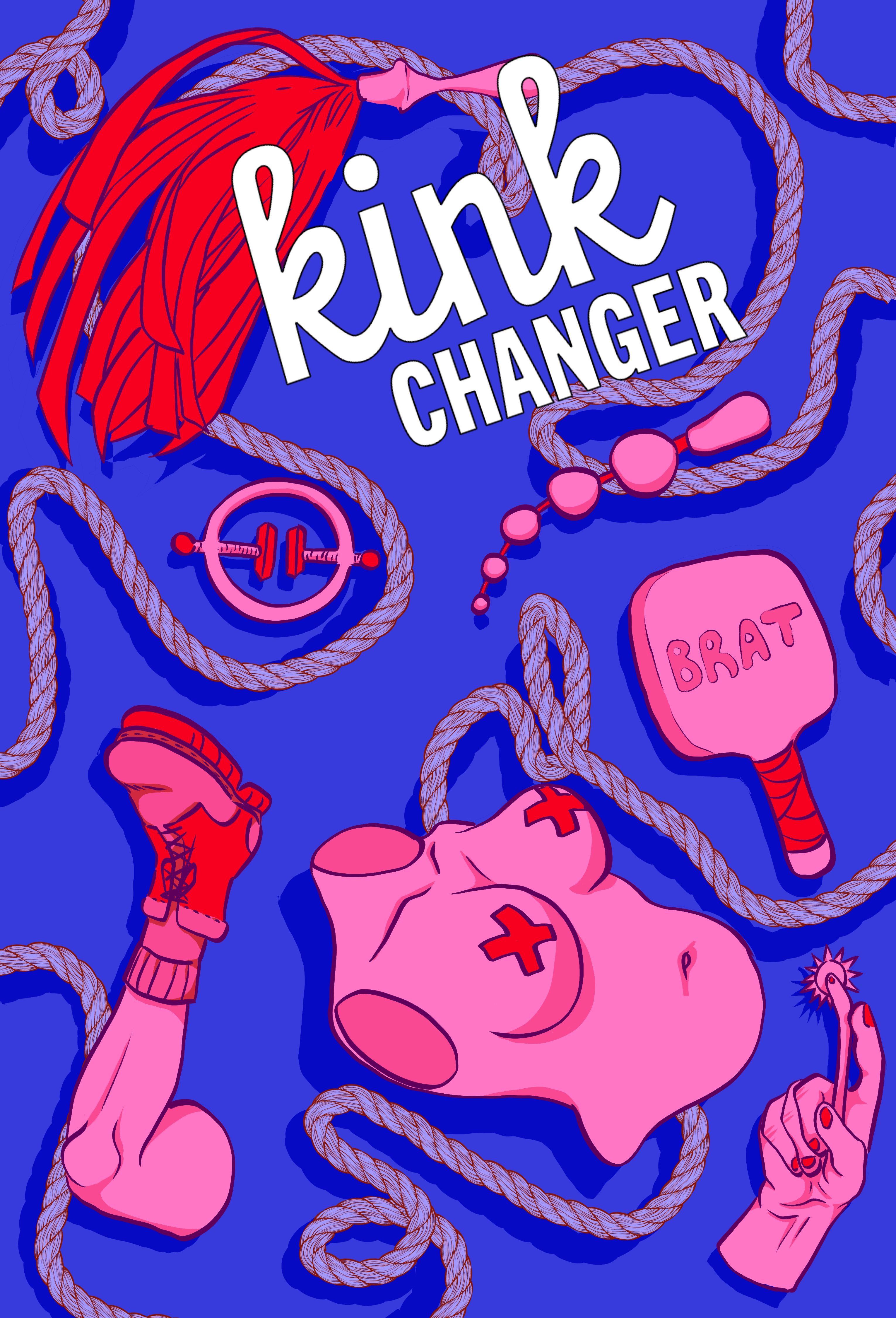 Kink Changer poster art: rope, brat paddle, piggy mask, boxing glove on a blue background